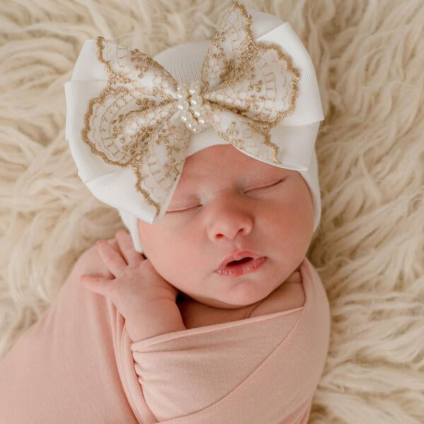 Gold Grace Lace Hat White Bow White Hat 0-3m