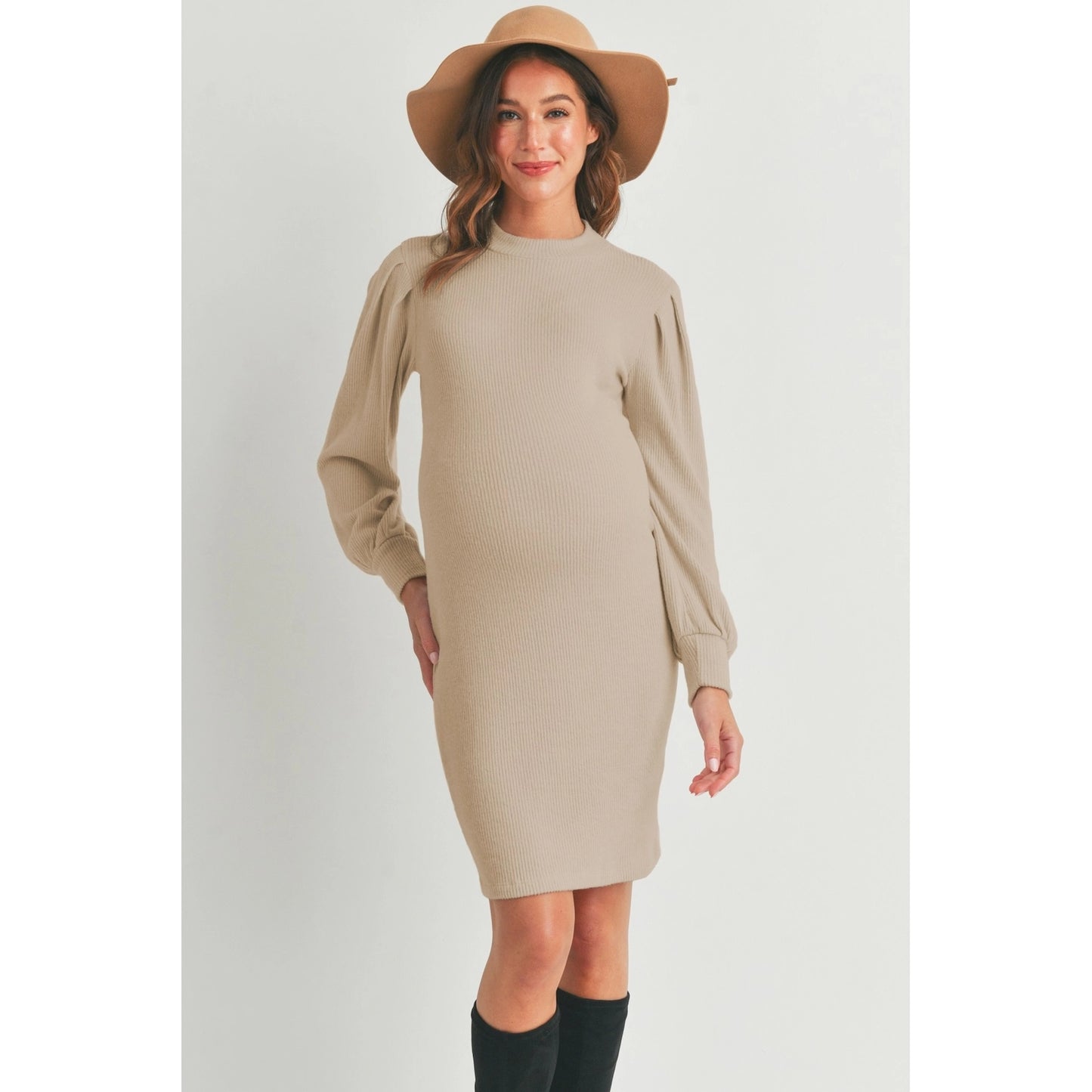 Ribbed Knit Maternity Crewneck Midi Sweater Dress - Hello Miz