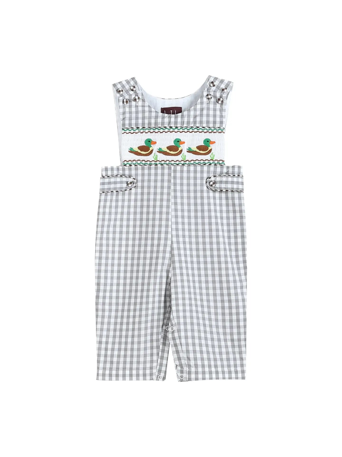 Gray Gingham Mallard Smocked Overalls