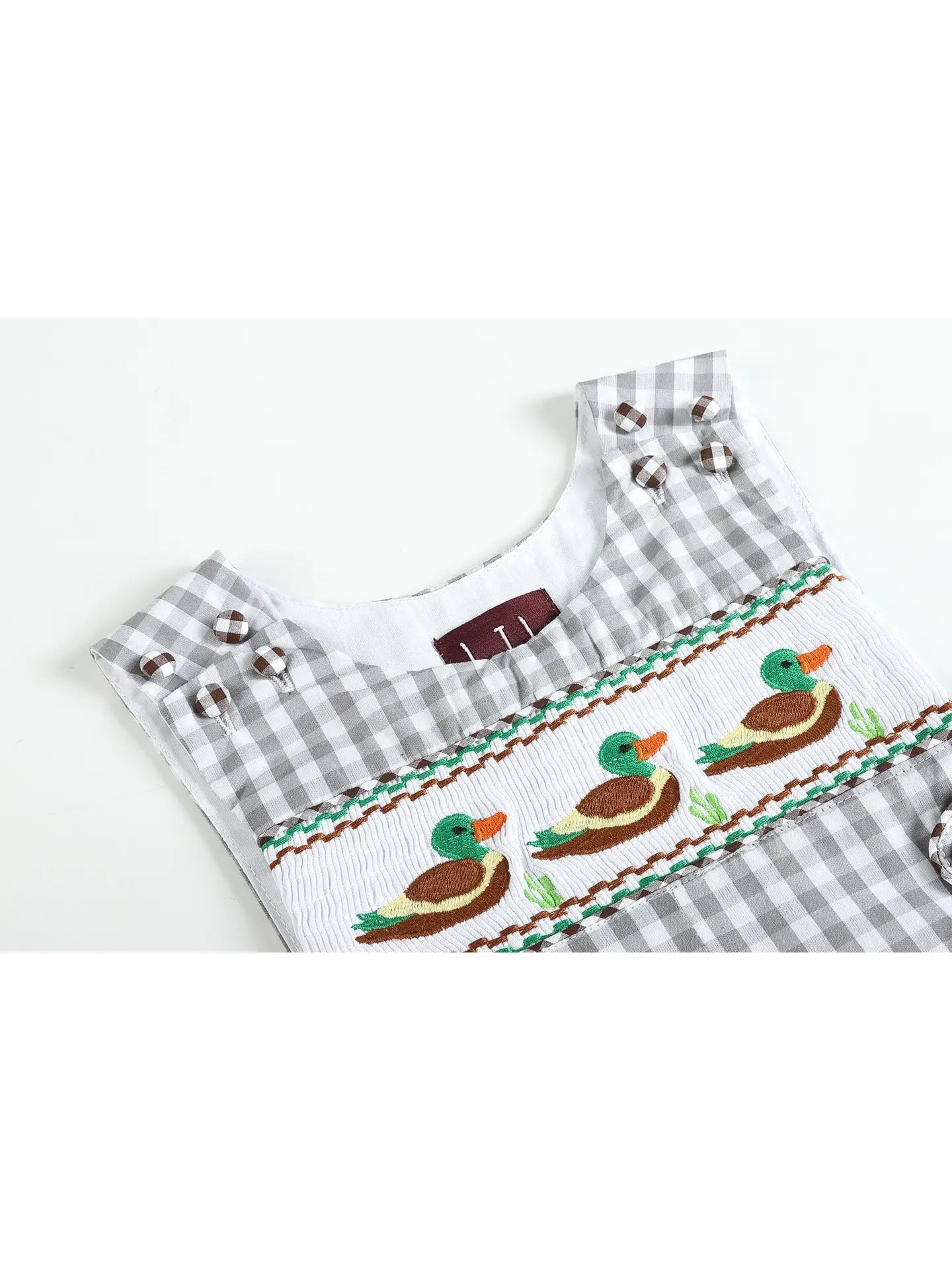 Gray Gingham Mallard Smocked Overalls