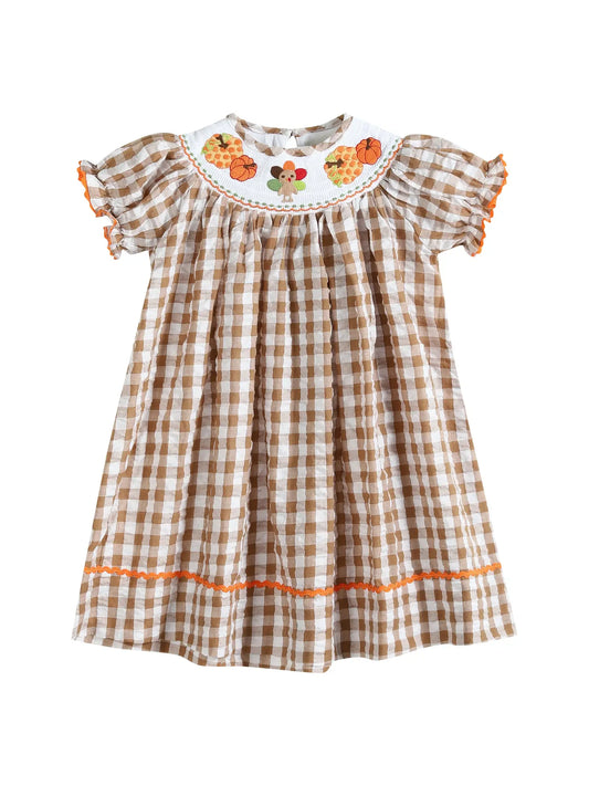 Light Brown Gingham Pumpkin Turkey Smocked Bishop Dress