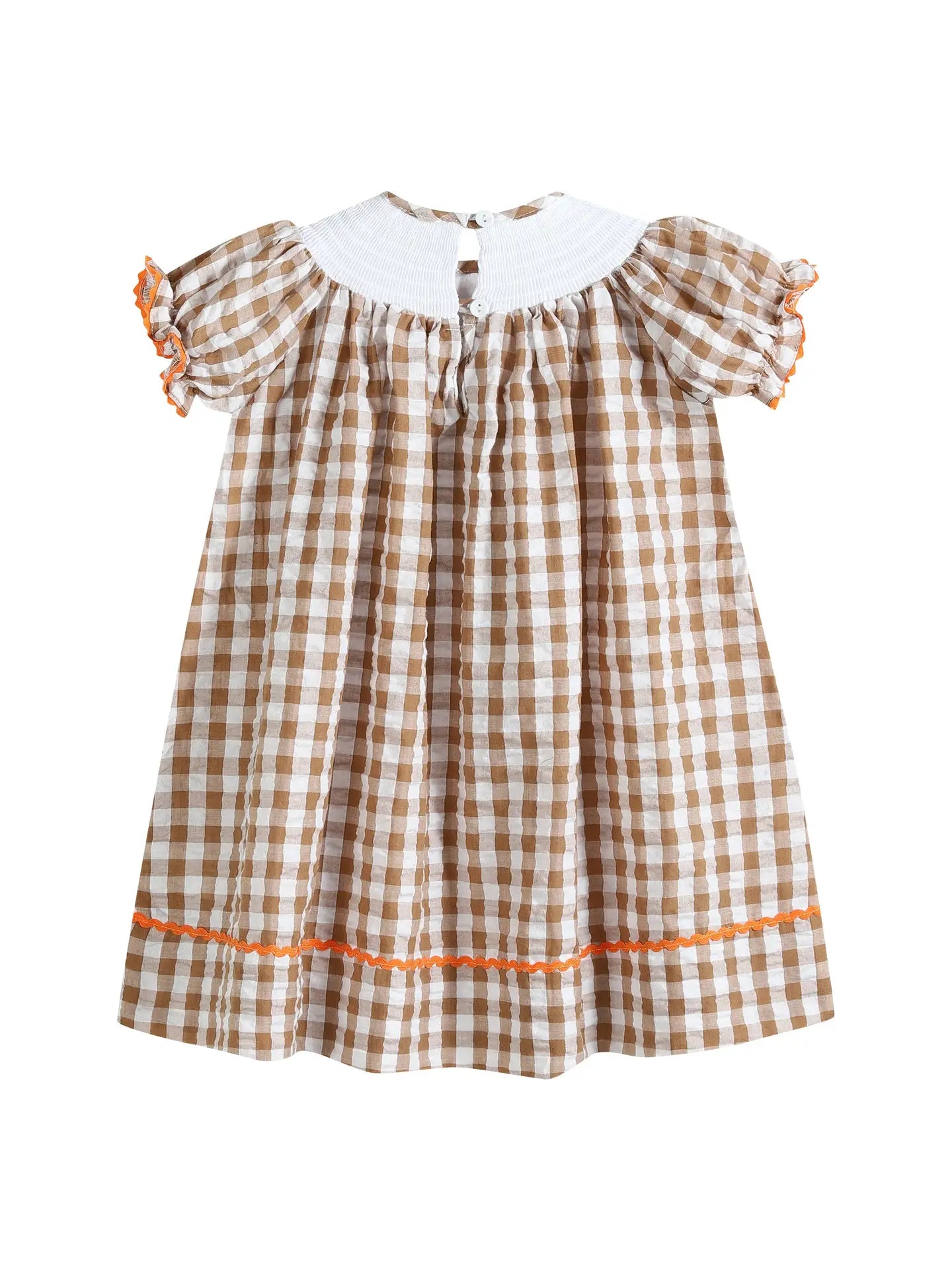 Light Brown Gingham Pumpkin Turkey Smocked Bishop Dress