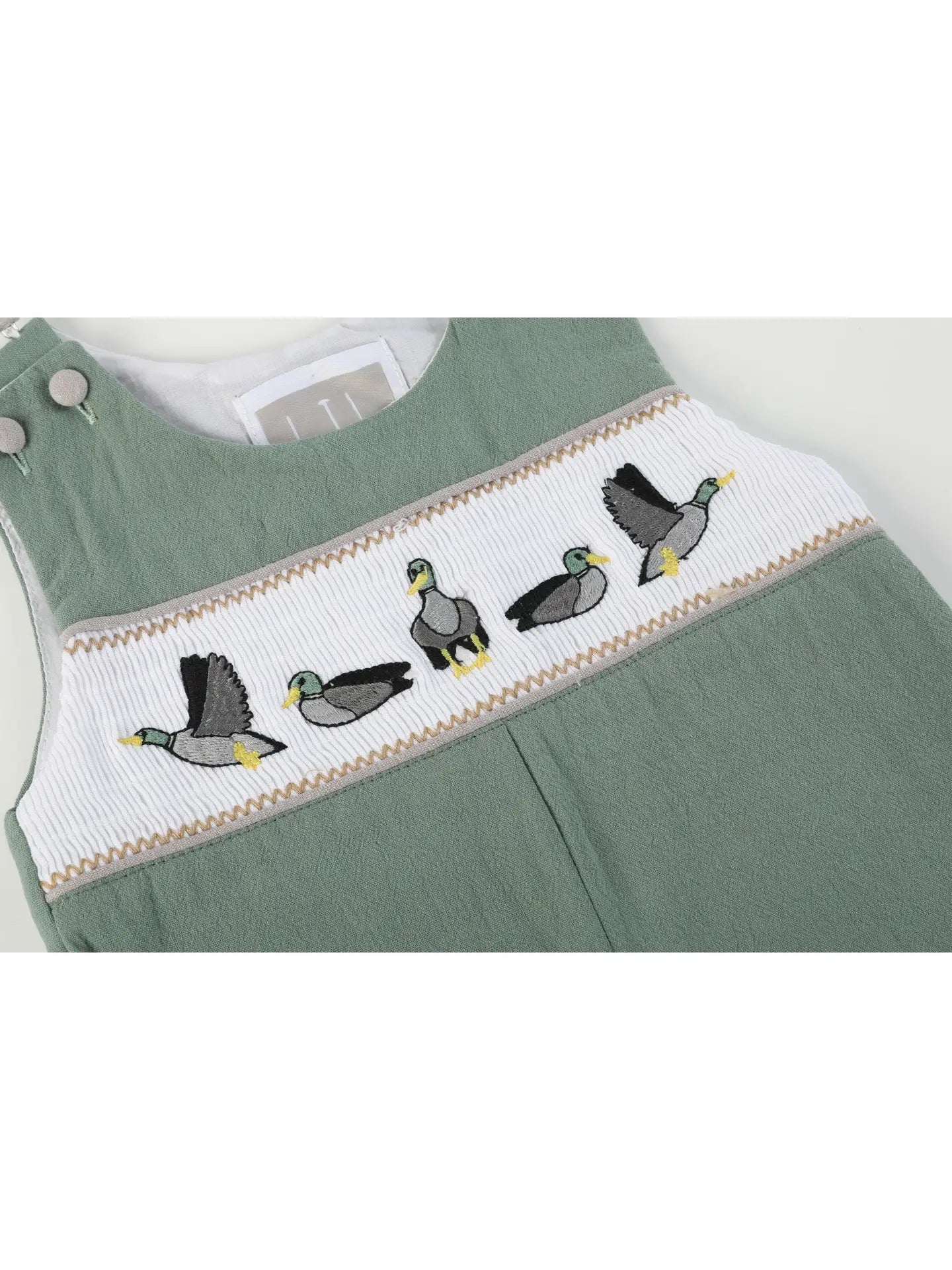 Sage Green Mallard Smocked Overalls