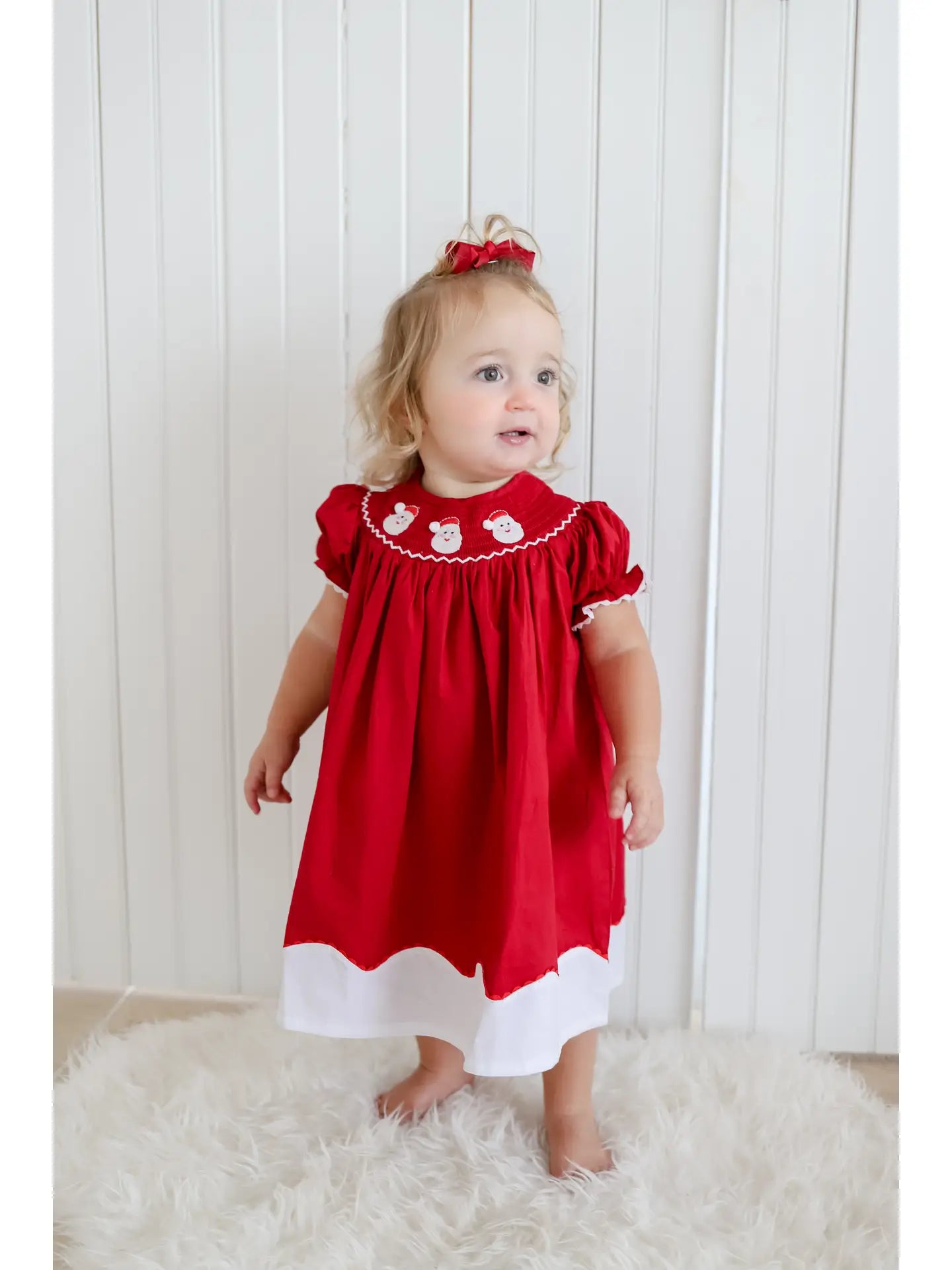 Red and White Santa Smocked Bishop Dress