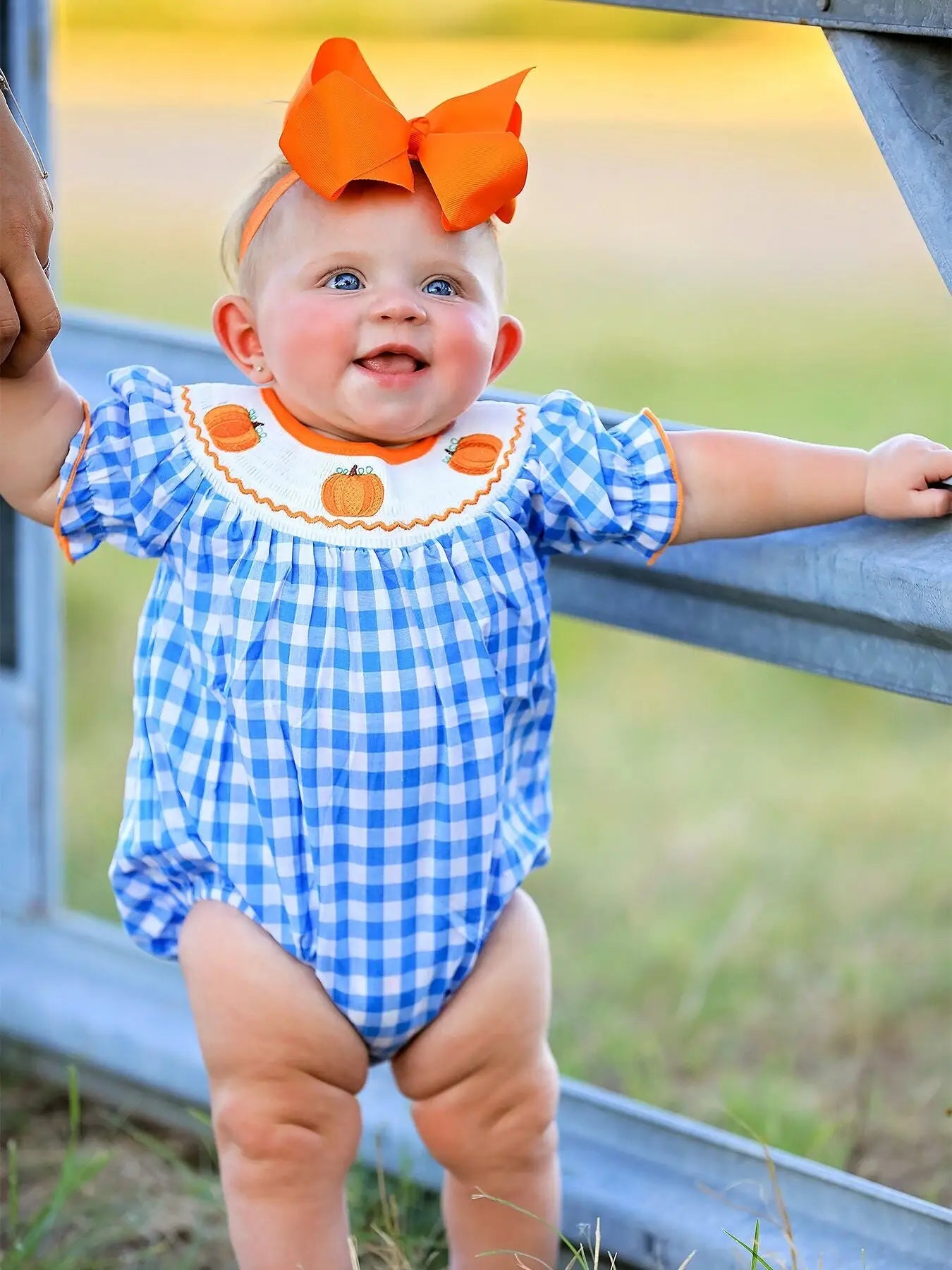 Blue Girls Woven Smocking Pumpkin Embroidered Plaid Romper