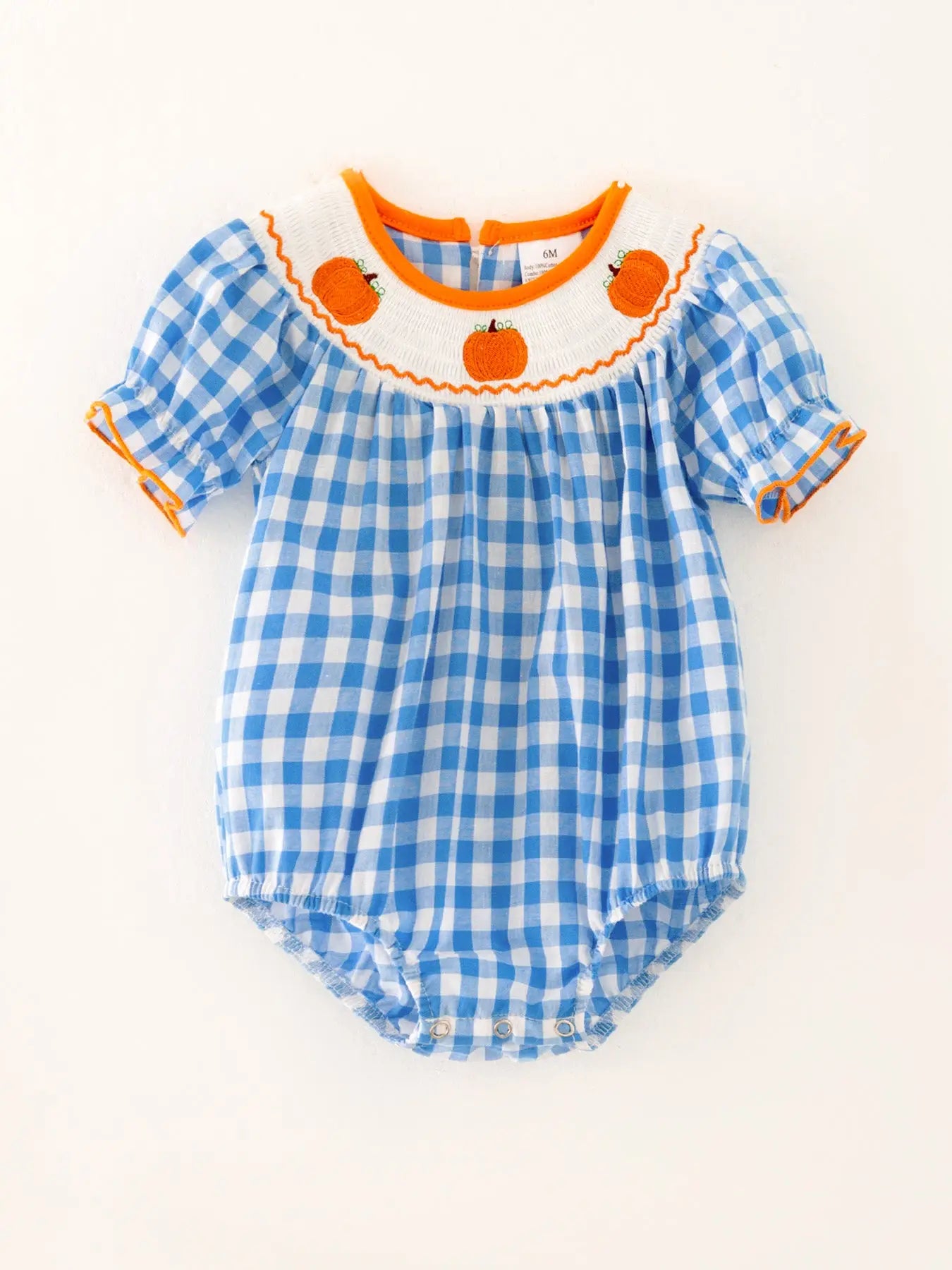 Blue Girls Woven Smocking Pumpkin Embroidered Plaid Romper