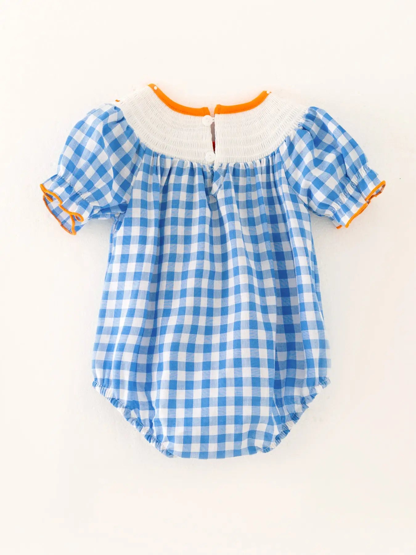 Blue Girls Woven Smocking Pumpkin Embroidered Plaid Romper