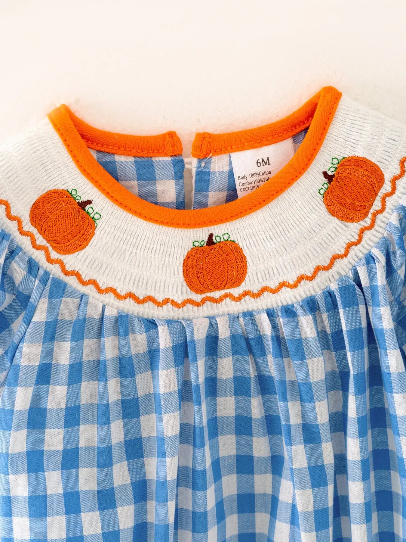 Blue Girls Woven Smocking Pumpkin Embroidered Plaid Romper