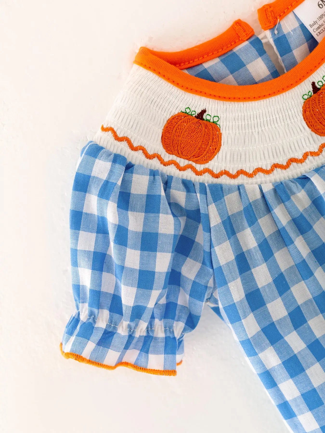 Blue Girls Woven Smocking Pumpkin Embroidered Plaid Romper