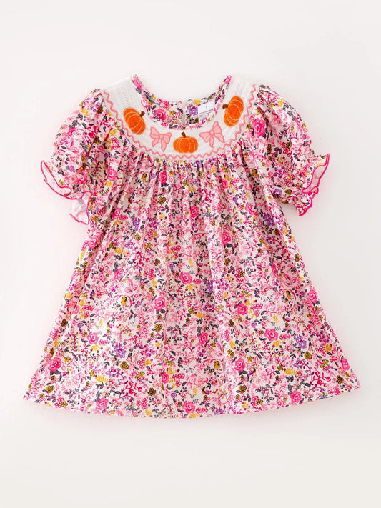 Girls Smocking Pumpkin Bow Embroidered Short Sleeve Dress