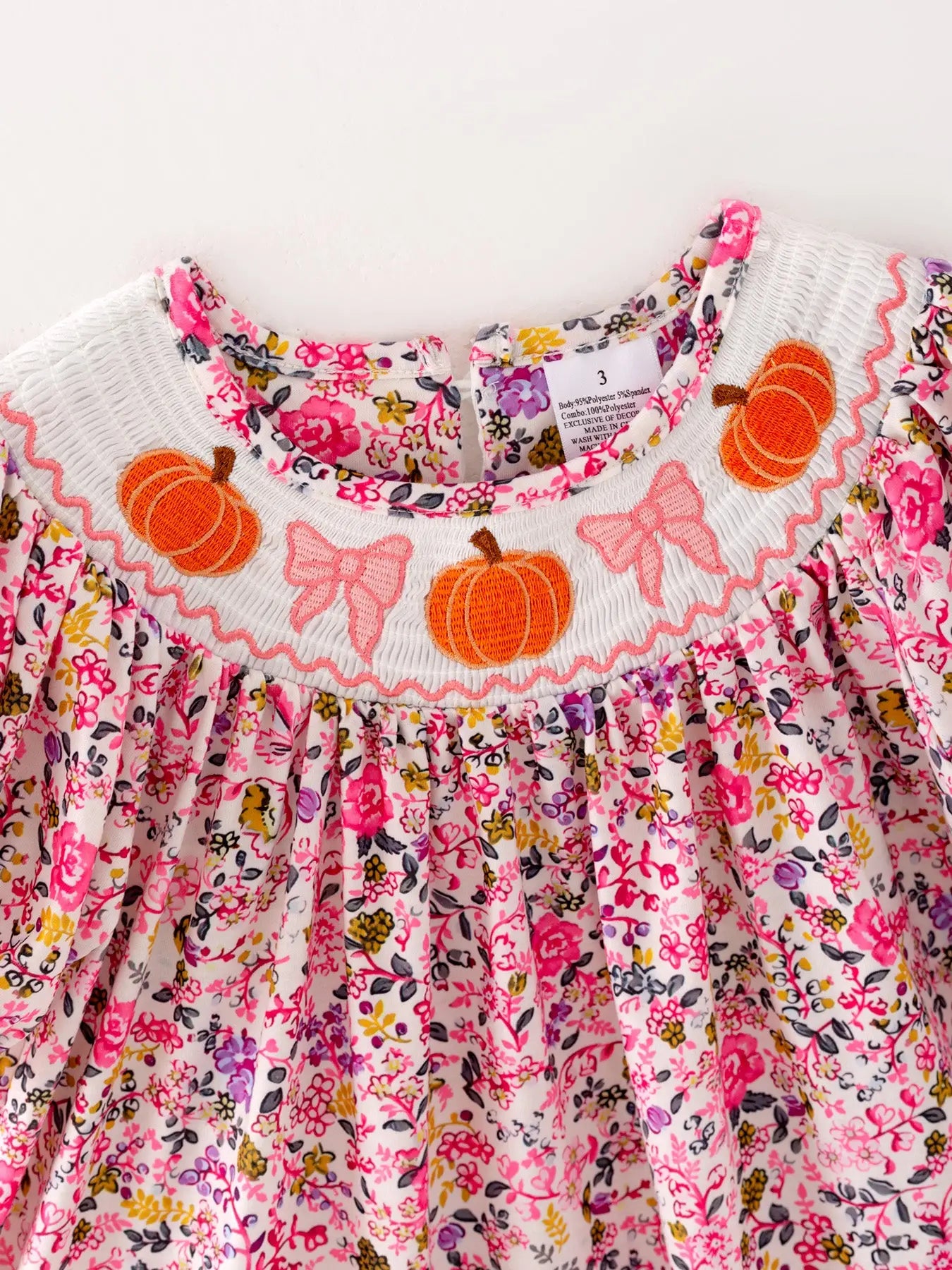 Girls Smocking Pumpkin Bow Embroidered Short Sleeve Dress