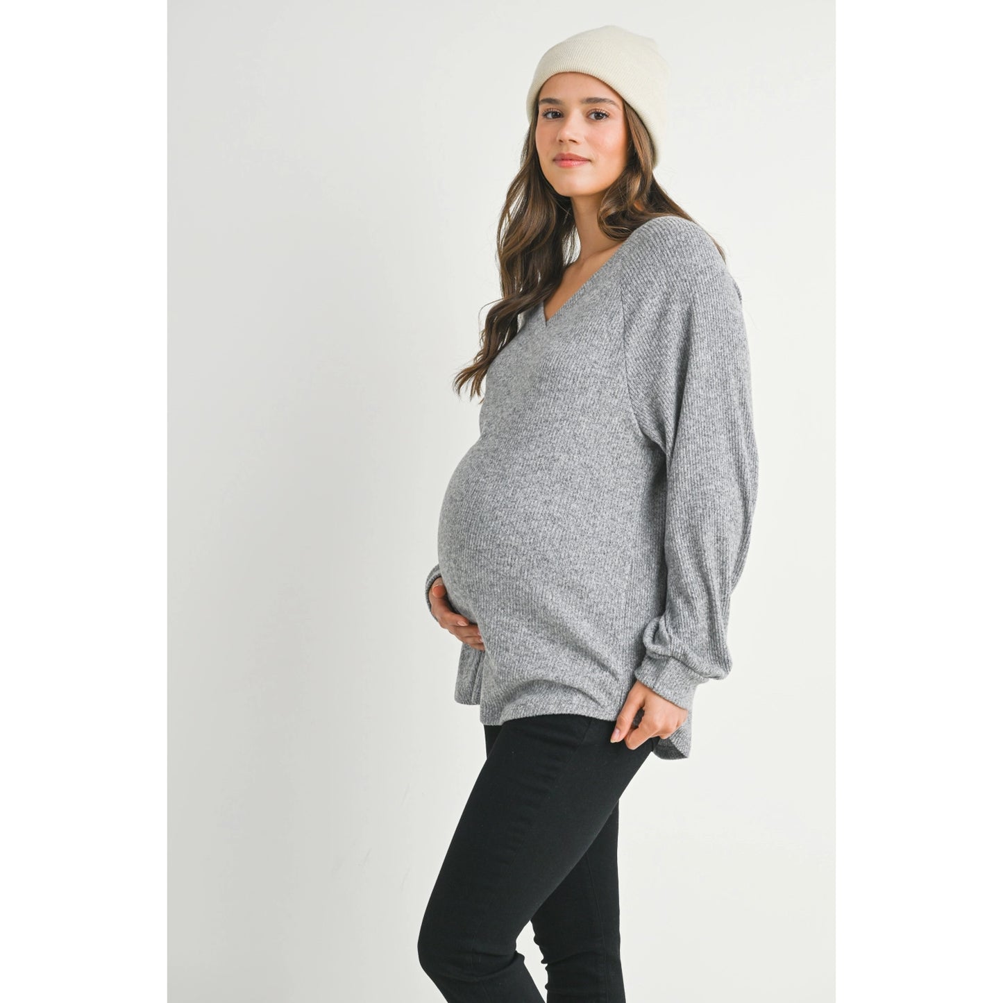 Ribbed V-Neck Long Sleeve Maternity Top