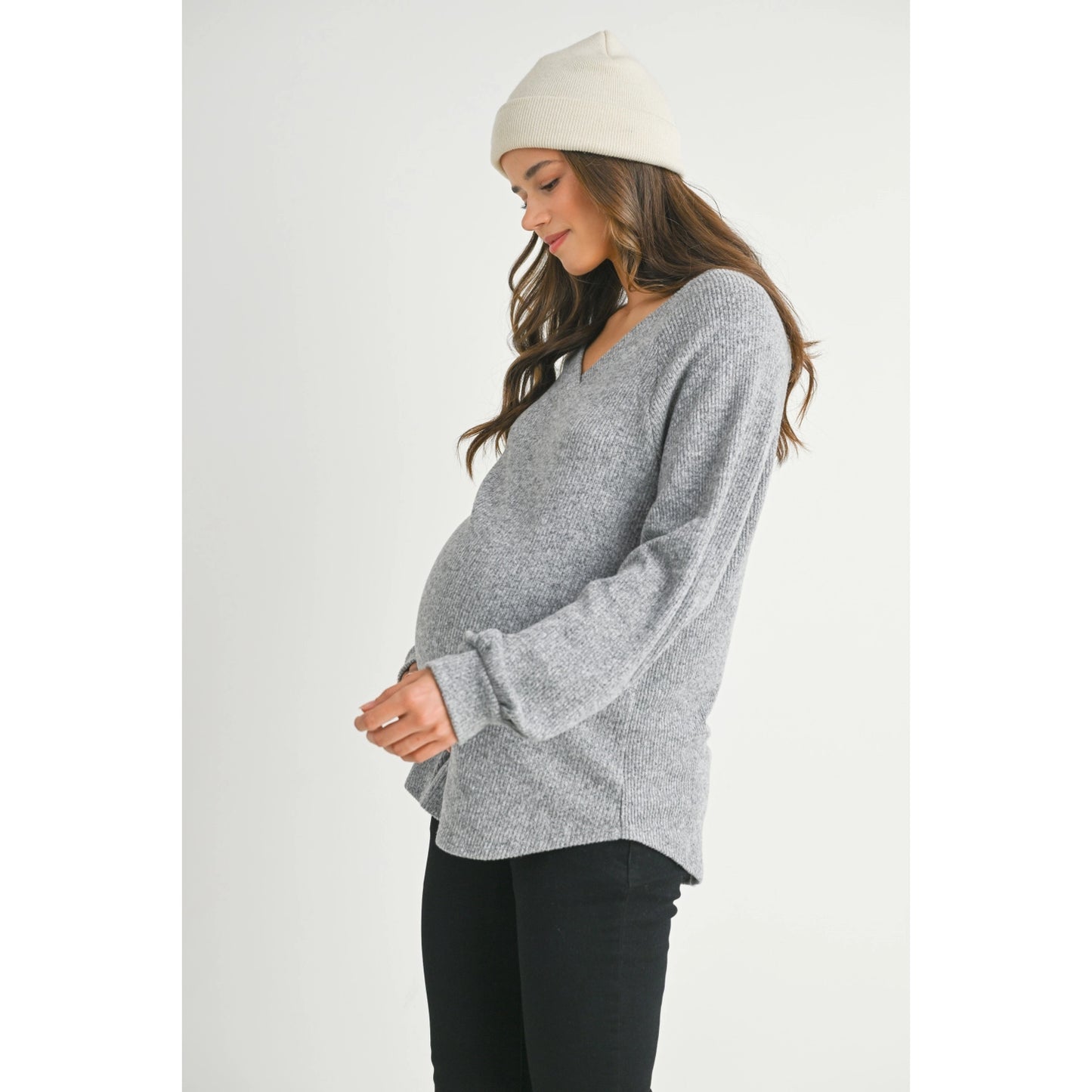 Ribbed V-Neck Long Sleeve Maternity Top