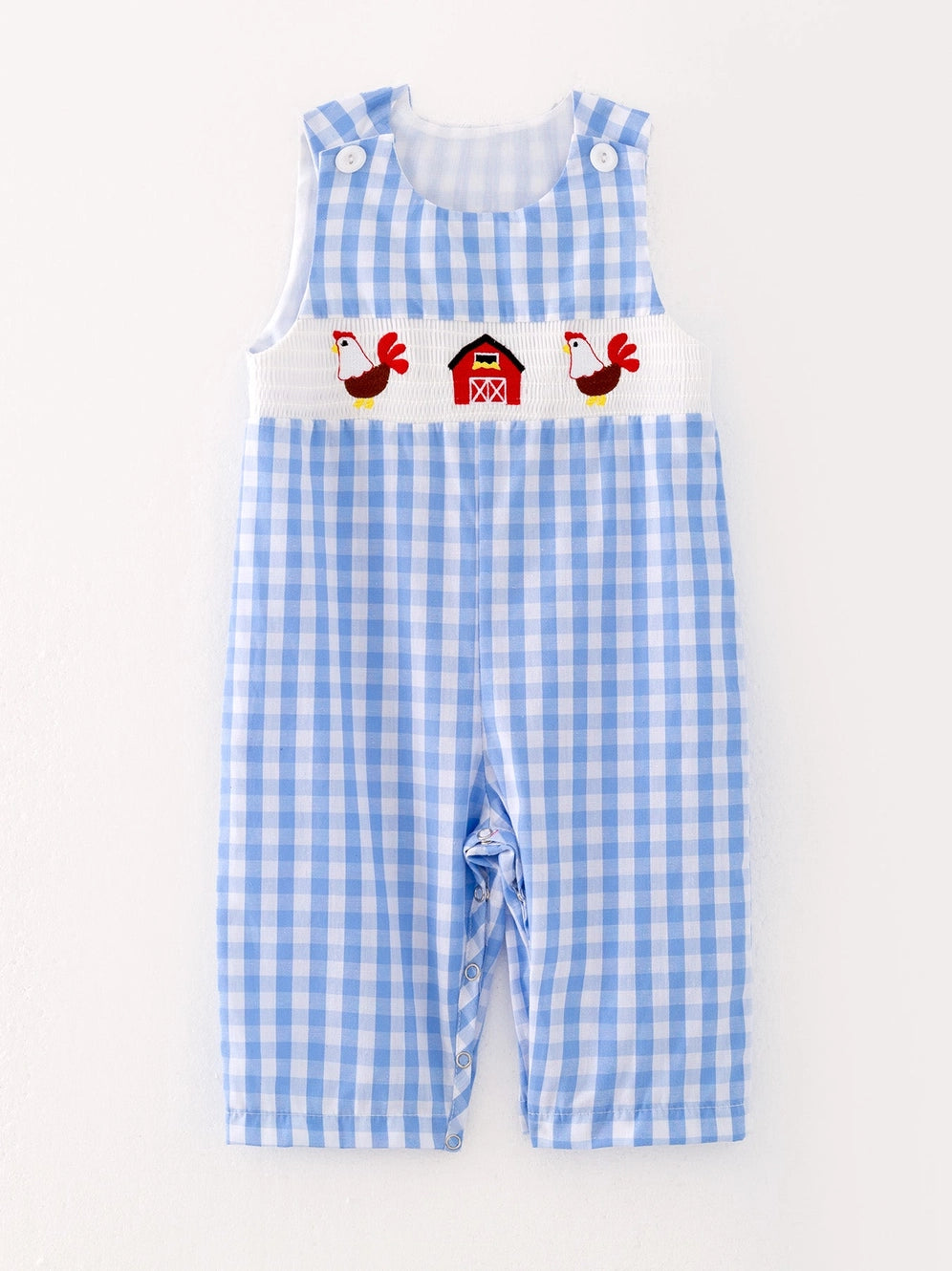 Farm Boys Chicken Plaid Woven Smocking Embroidered Romper