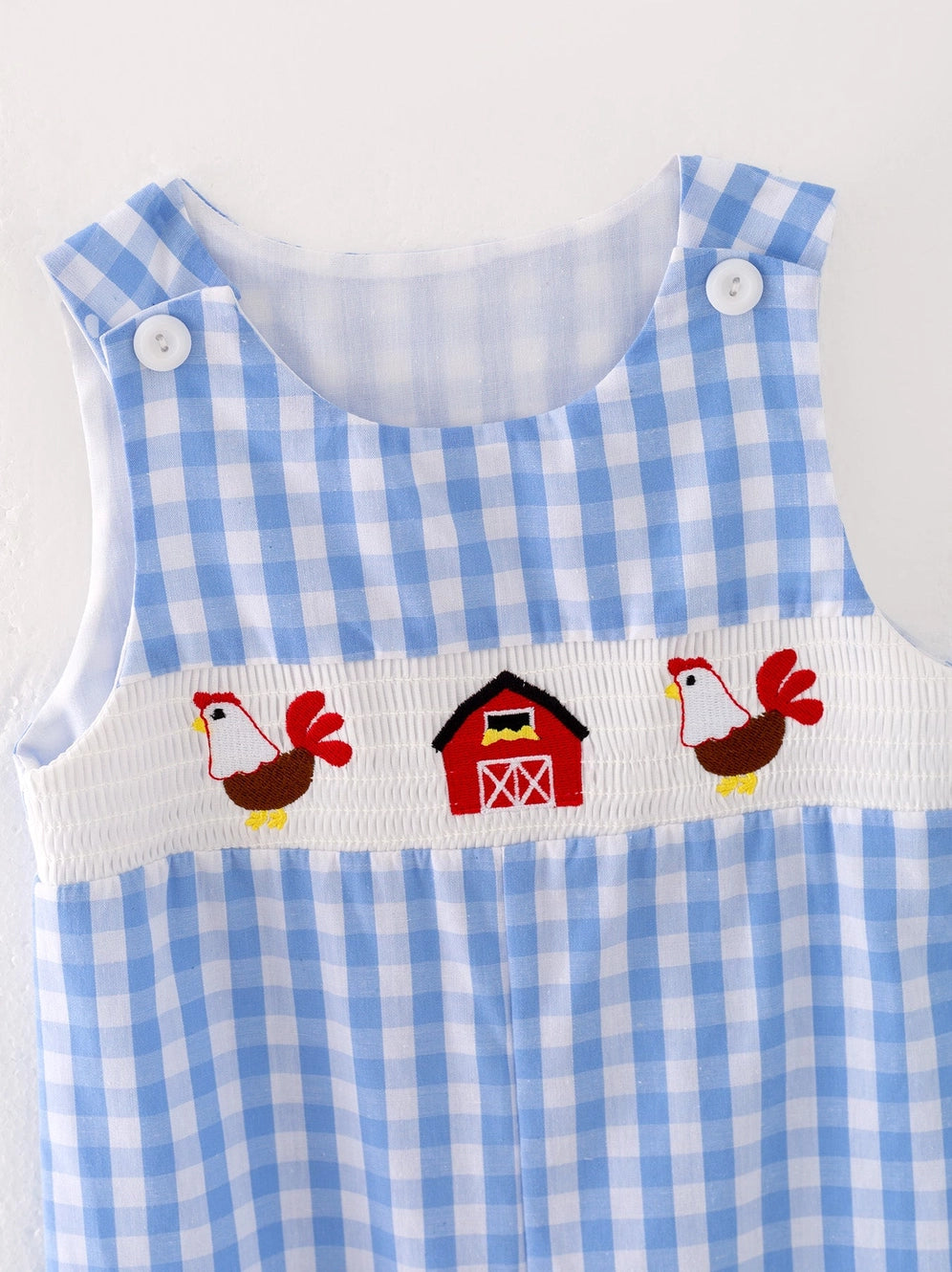 Farm Boys Chicken Plaid Woven Smocking Embroidered Romper