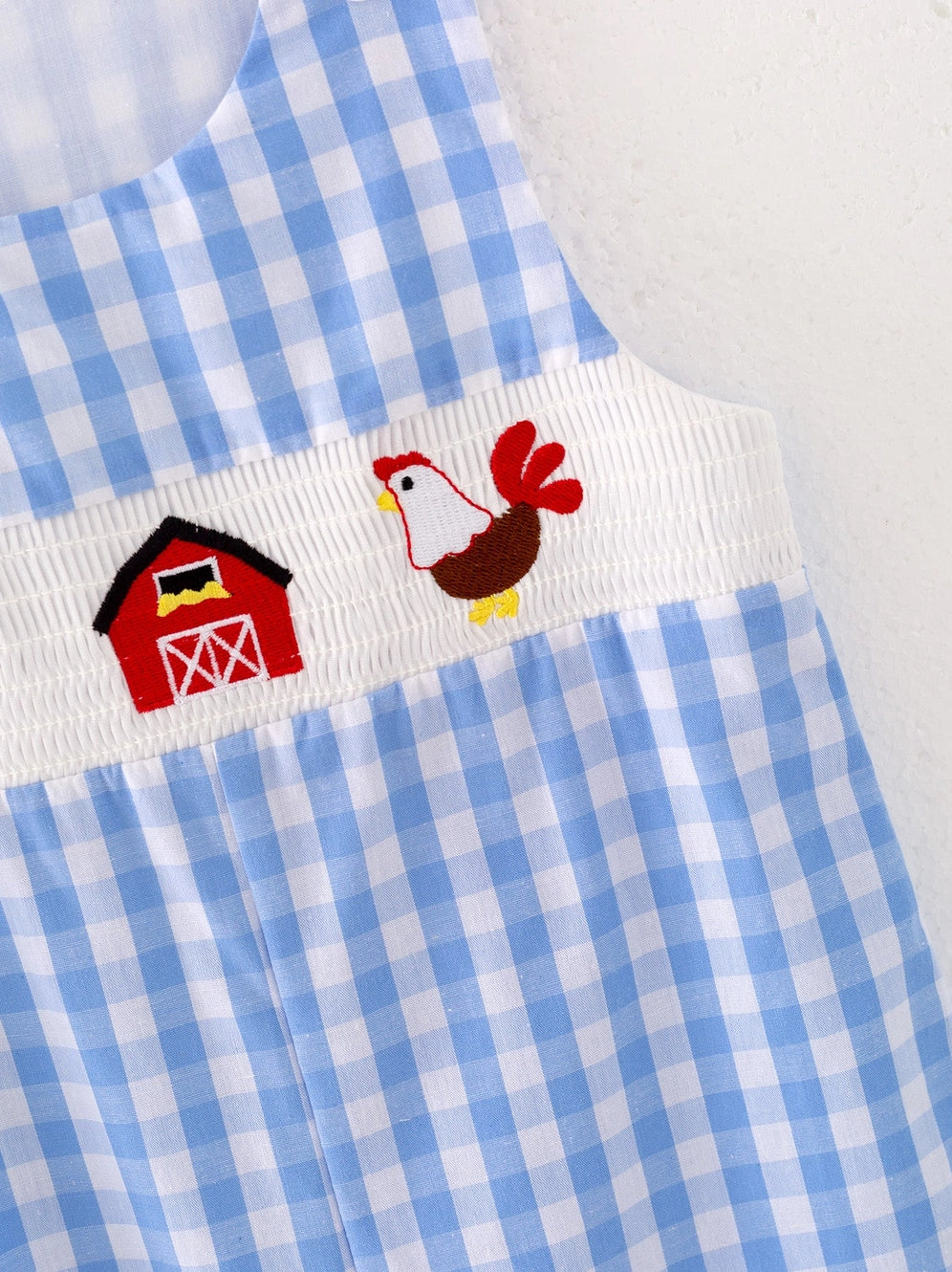 Farm Boys Chicken Plaid Woven Smocking Embroidered Romper