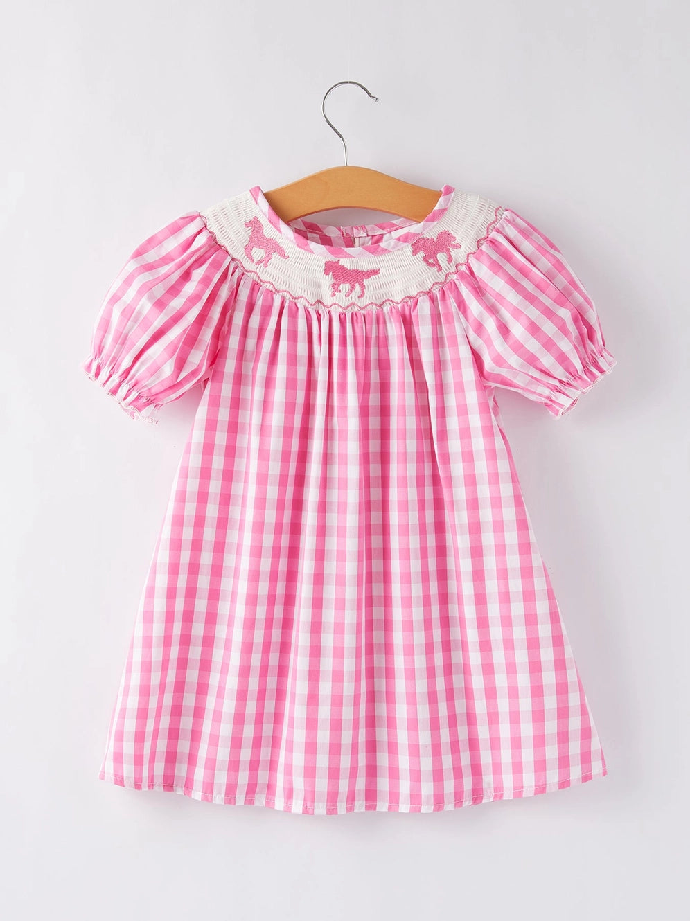 Girls Plaid Smocking Embroidered Pink Dress