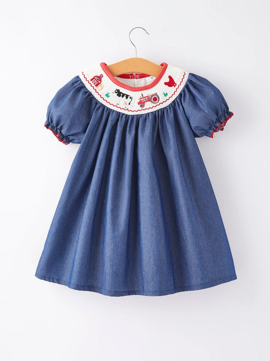 Girls Farm Smocking Embroidered Blue Dress