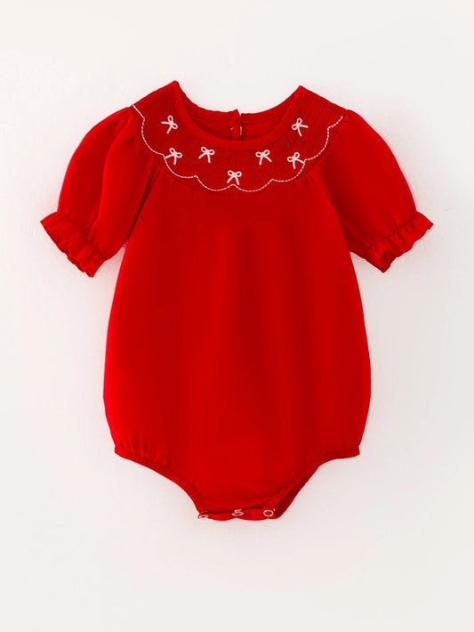 Girls Bow Smocking Embroidered Red Romper