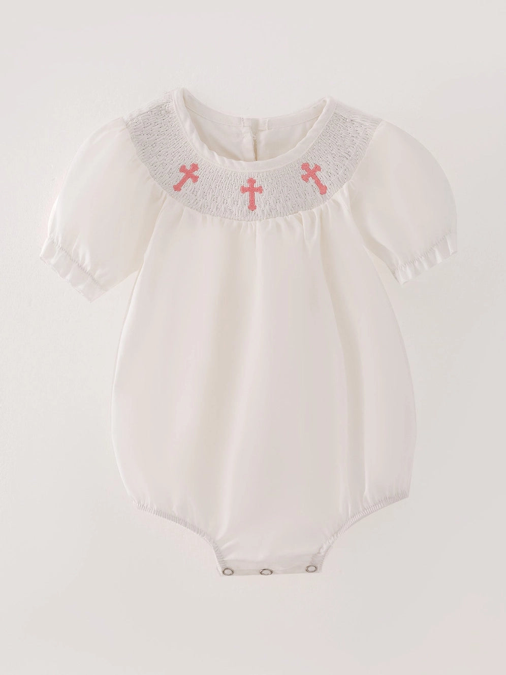 White Smocking Embroidered Crucifix Girls Romper