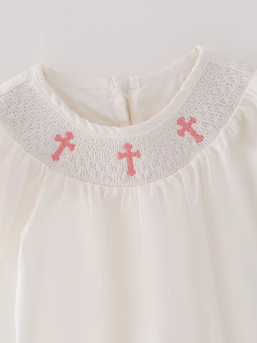 White Smocking Embroidered Crucifix Girls Romper