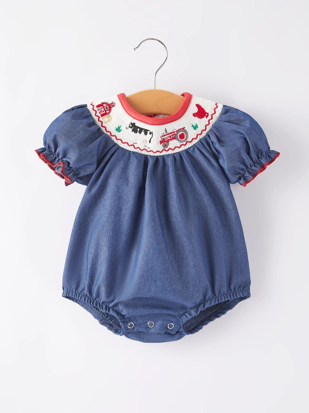 Girls Farm Smocking Embroidered Romper